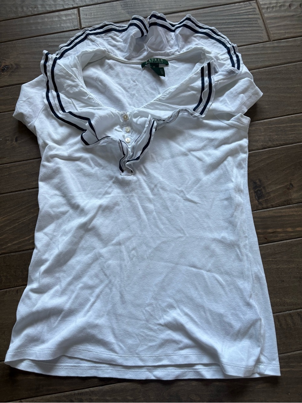 Ralph Lauren White Short Sleeve Ruffle Collar Tee with Navy Trim